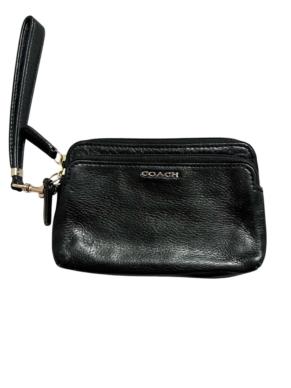 Coach Black Leather Double Zip Wristlet with Gold Logo